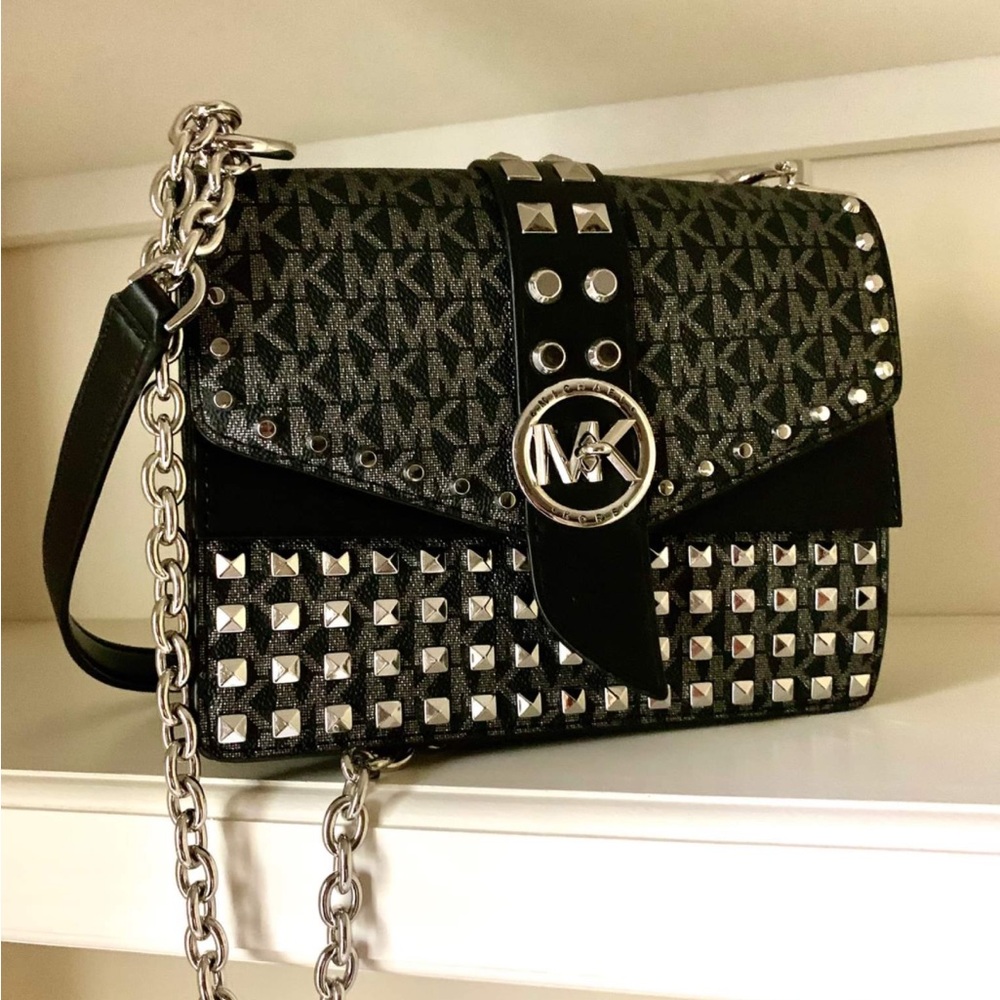 Michael Kors Greenwich Small Studded Metallic Logo Crossbody Bag